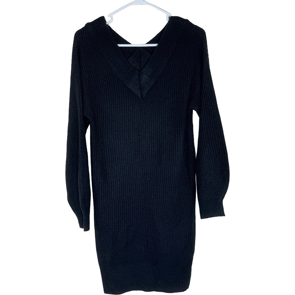 Full Circle Trends Black Double V Shaker Stitch Sweater Dress J3B2089S Large NWT